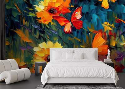 Butterflies and flowers seamless repeat pattern oil painting [Generative AI]
 Wall mural